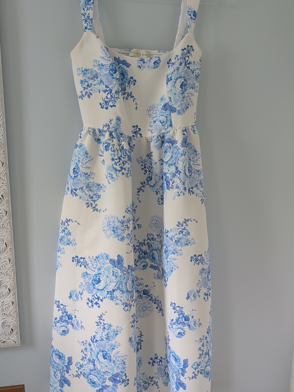 Sachin + Babi Blaine Taffeta Square Neck White Dress with Blue Floral Print